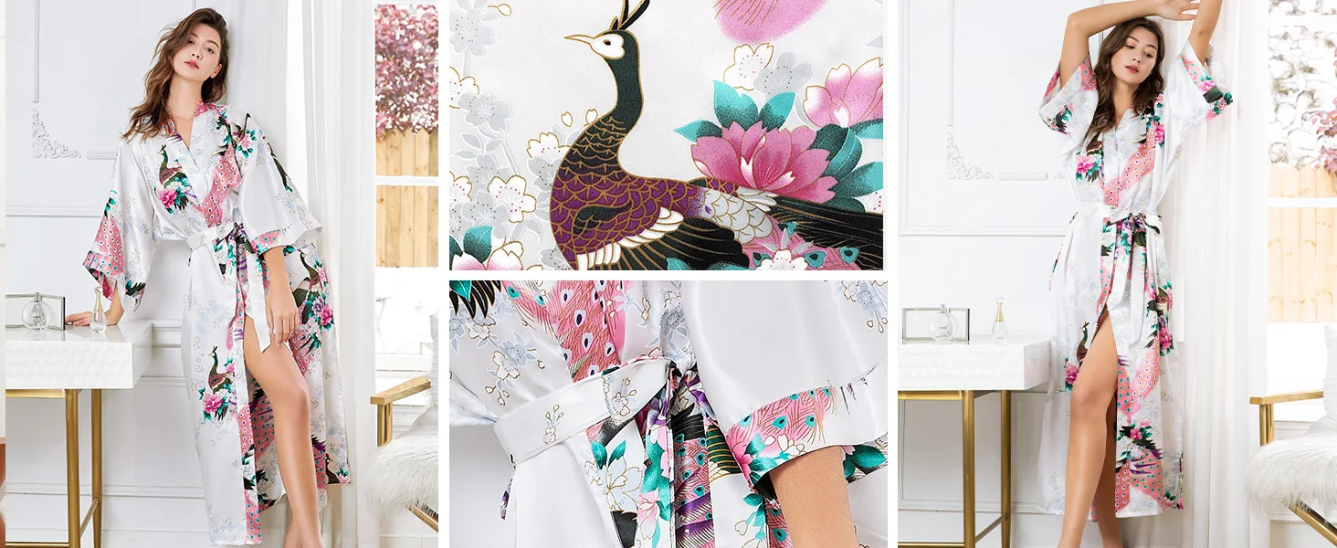 حجم كبير 3XL زهرة كيمونو البشكير ثوب المرأة رداء طويل ثوب النوم طباعة الطاووس الساتان ملابس خاصة فستان المنزل فضفاض المتسكعون