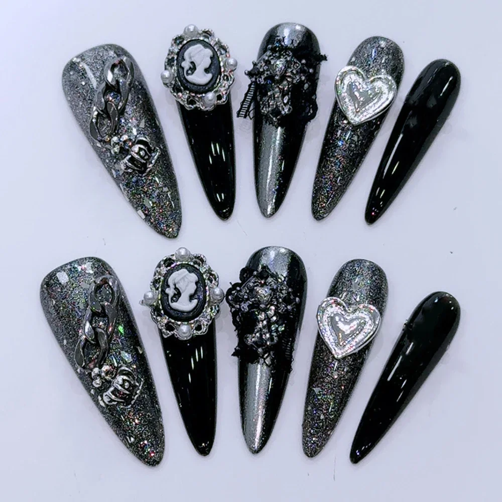 Diy Gothic Fashion Dark Wind Wearable Press On Nails Long Coffin Pointed Shape Metal Camellia Flower Artificial False Nail