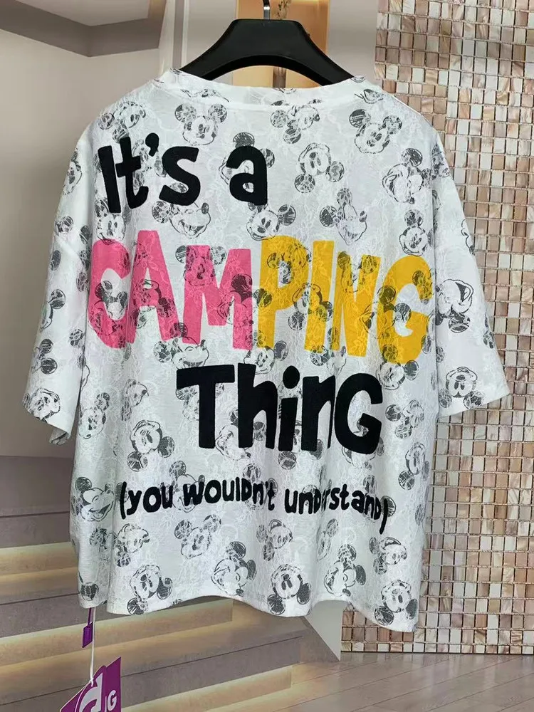 Trendy Tee 2025 Summer New Heavy Industry Lace Full Print Cartoon Large Version Short-sleeved T-shirt Top Women Clothing