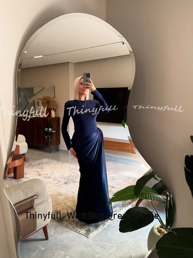 Thinyfull حورية البحر الساتان فساتين لحضور الحفلات الموسيقية كامل الأكمام س الرقبة ثوب مسائي طويل مناسبة رسمية فستان رداء دي سواريه مخصص