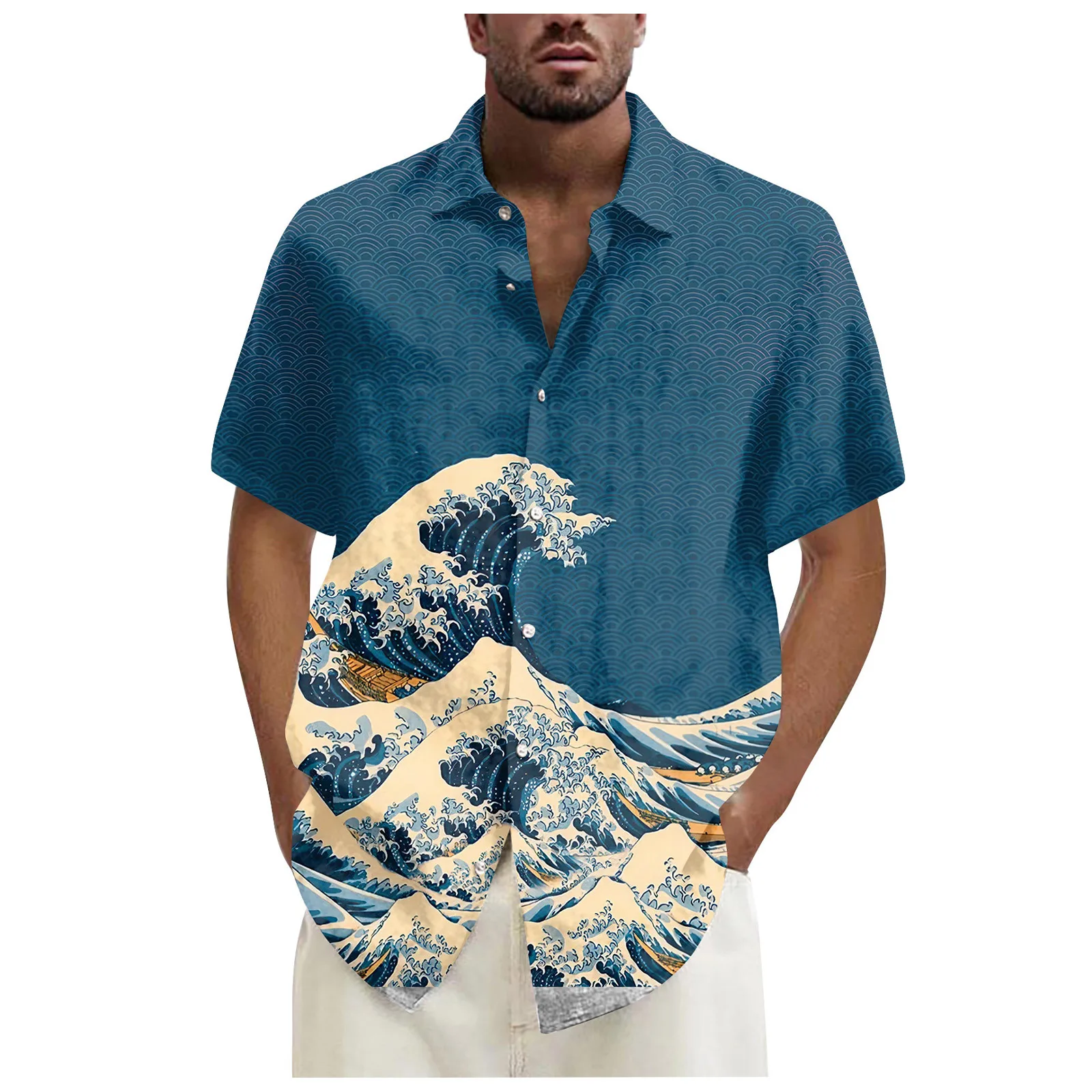 

Summer 2024 Retro Beach Wave Print Men's Short sleeved Shirt Hawaiian Shirt Casual Fashion Top