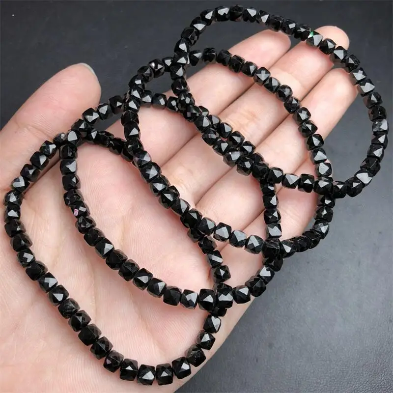 4MM Natural Black Tourmaline Cube Bracelet Handmade Crystal Quartz Jewelry Stretch Bangle Children Birthday Gift 1PCS