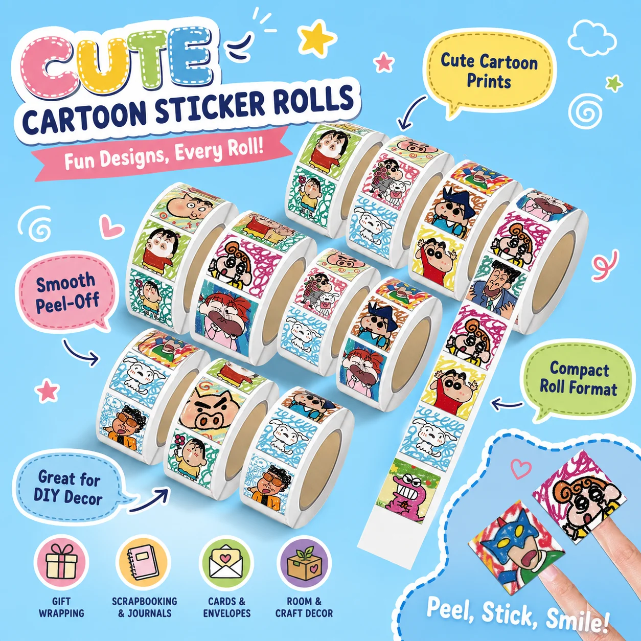 Xiaoxin Kreide-Kritzel Aufrollbare Aufkleber Niedliche Cartoon-Anime DIY-Sticker für Desktop-Dekoration Geschenk
