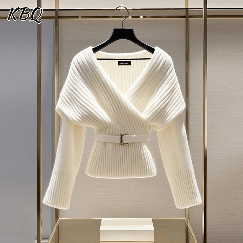 KBQ Solid Tunic Temperament Light Luxury Sweater For Women V Neck Long Sleeve Elegant Slimming Knitting Sweaters Female Style