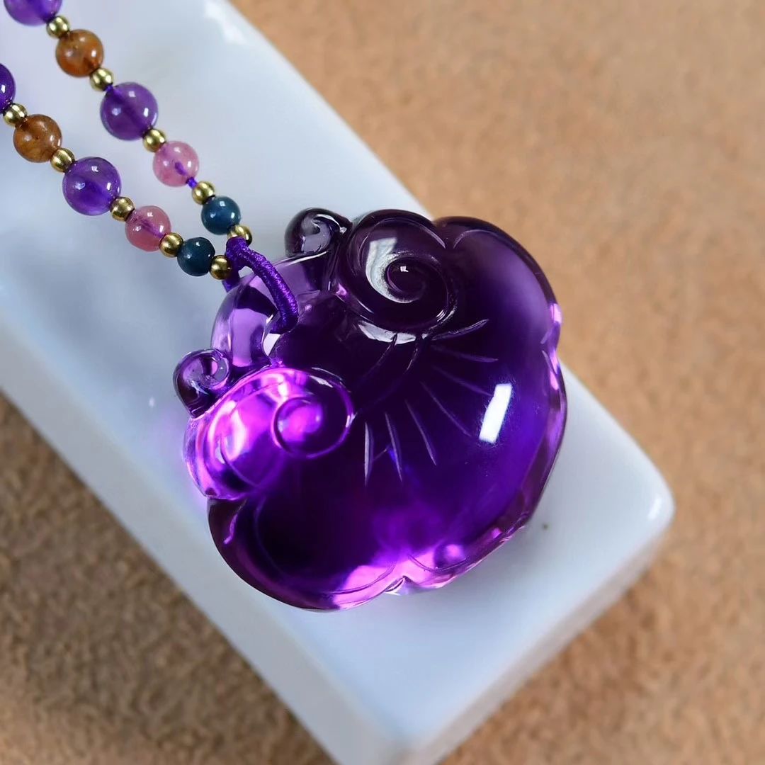 Natural Purple Amethyst Quartz Pendant Necklace 33.3*28.8*18.2mm Lock Amethyst Jewelry Beads Women Men Necklace Brazil AAAAAA