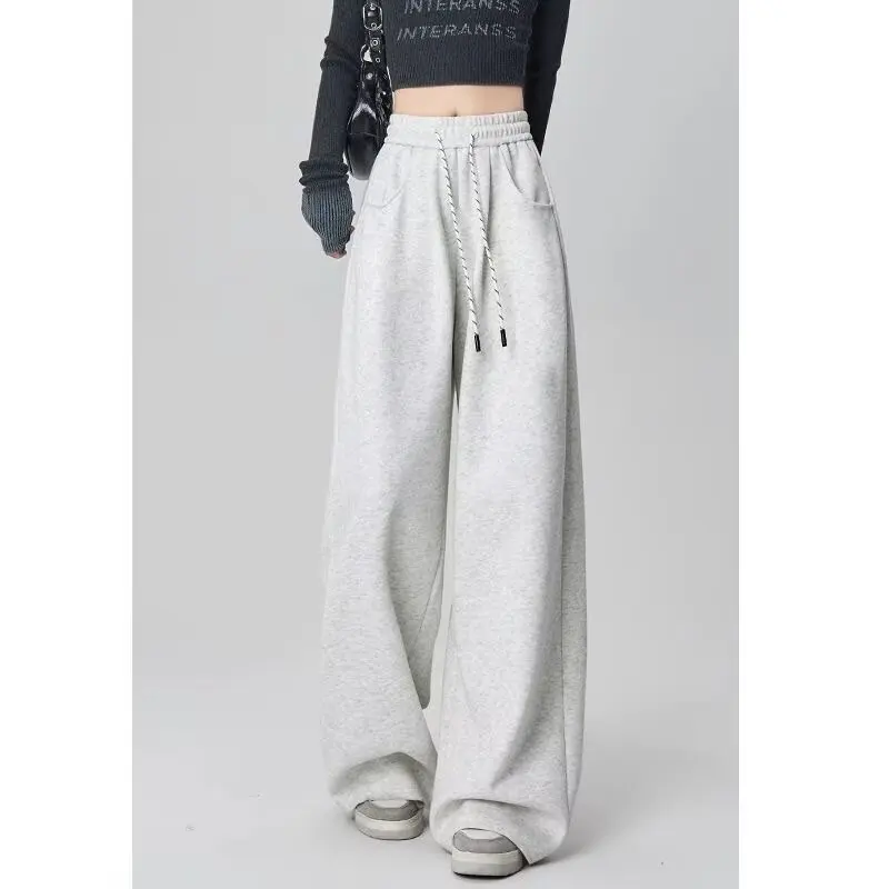 كسول نمط الأبيض السراويل واسعة الساق فضفاضة معلقة السراويل النسائية الخريف عالية الخصر السراويل الساق المستقيمة الطابق طول السراويل لون