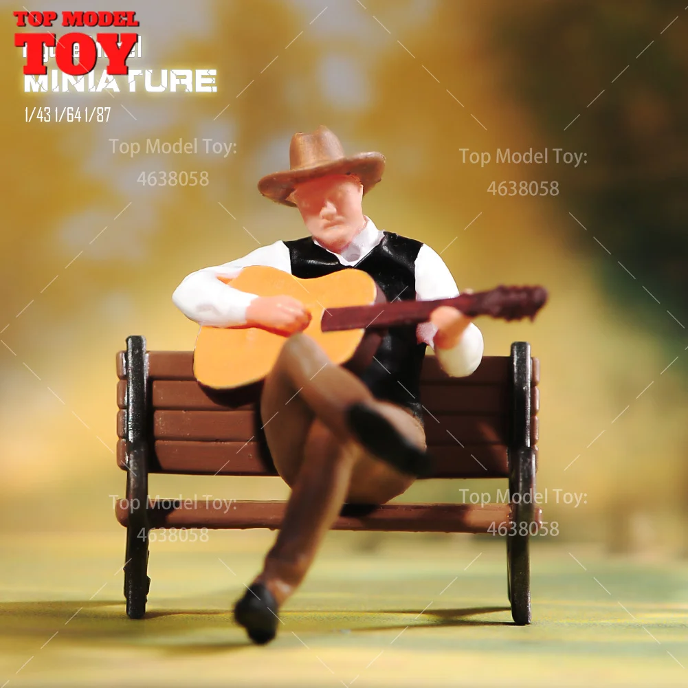 Painted Miniatures 1/64 1/43 1/87 Male Sitting on Bench Playing Guitar Scene Figure Dolls Unpainted Model For Cars Vehicles Toy