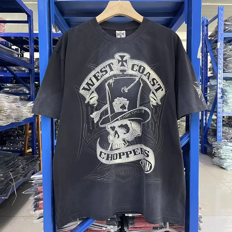 West Coast Choppers T-Shirt European American Street Skull Magician Letter Print Washed Round Neck Short Sleeve