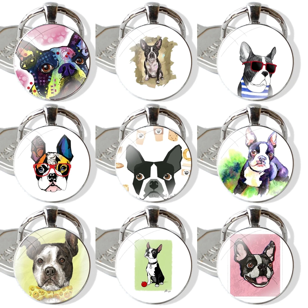 Keychain Glass Cabochon Metal Pendant Classic Men's Women's Keyring Boston Terrier dog