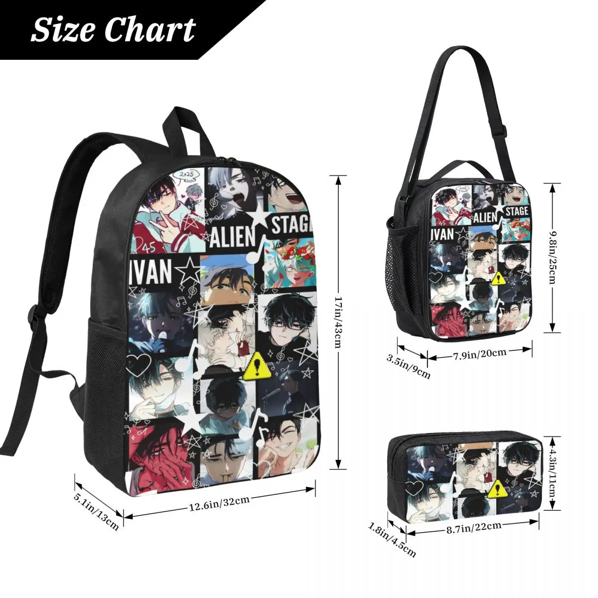 3Pcs Ivan Alien Stage Anime Backpack Set for Children Pencil Boxes Bookbag Sets with Lunch Box For School Students Daypack