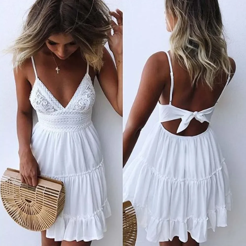 

Sexy Spaghetti Strap Summer Mini Dress For Women Solid V-Neck Backless Bow-knot Lace Stitching White Beach Dress Party Vestidos