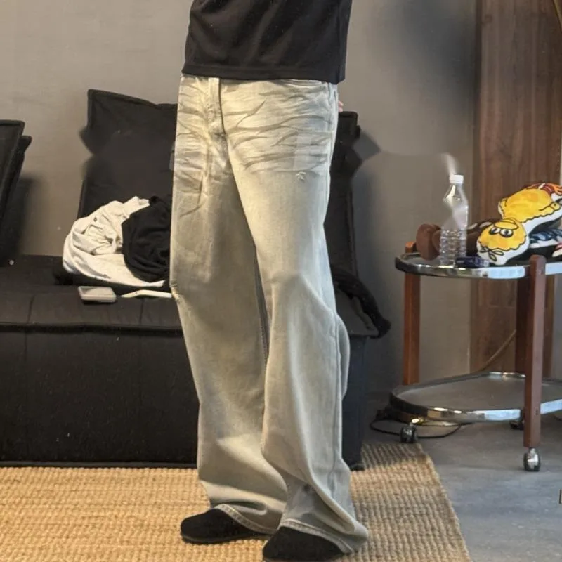 HKSH 2025 ربيع وصيف جديد الرجال المد فاسق ضوء القذرة المتعثرة غسلها الكتابة على الجدران استرخاء فضفاض الجينز خمر الدنيم السراويل HK14330
