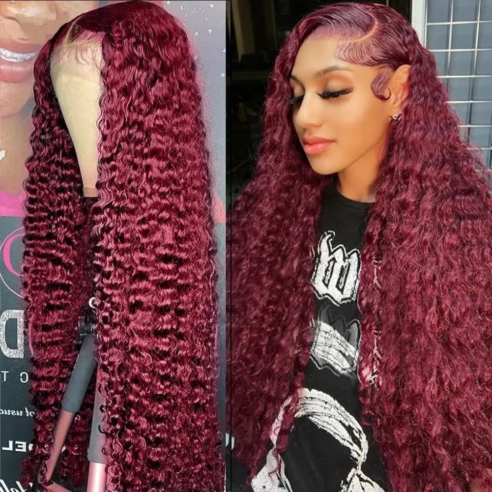 28 30 Inch 99J Burgundy Deep Wave 13x4 Curly Lace Frontal Wig Red Colored Brazilian Human Hair 180% Lace Front Wigs For Women