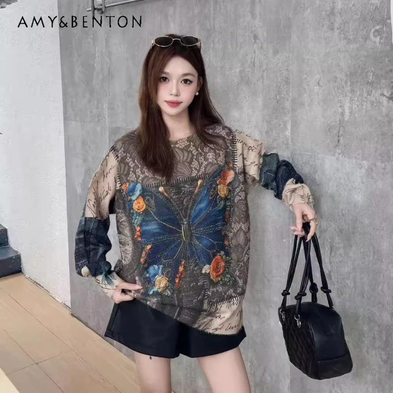 

Beaded Butterfly Pattern Knitted Sweater Autumn Winter Loose Printed Rhinestone O-Neck Long Sleeves Pullover Knitwear For Women