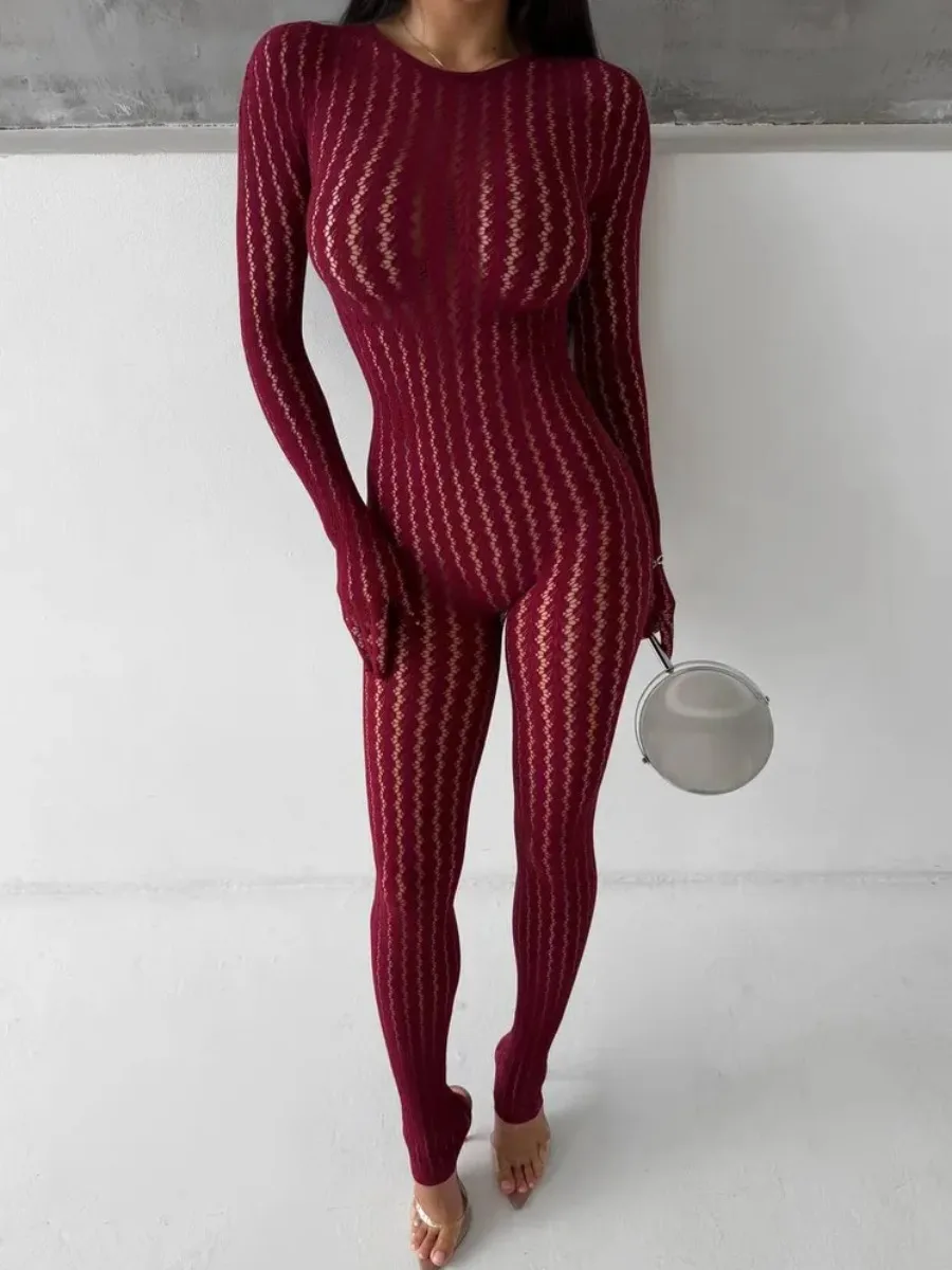 Women's Burgundy Sheer Lace Jumpsuit Long Sleeve Bodycon One Piece Romper Openwork Pattern for Party Club Evening Wear