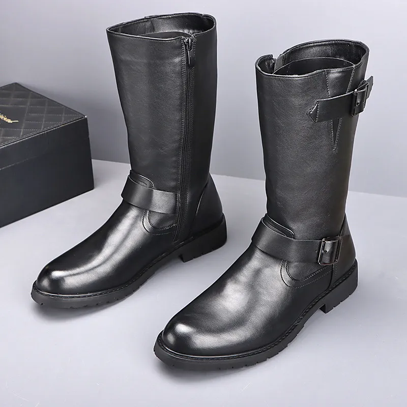 Botas de Motocicleta Estilo Inglês para Homens, Moda Cosplay, Botas Altas de Couro Natural Pretas, Botas de Cowboy para Outono e Inverno