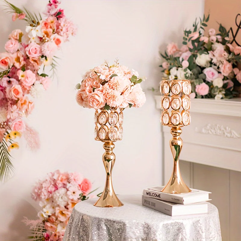 2 Gold Vases, 18-Inch High Metal Flower Stand, Suitable for Wedding Reception, Christmas and Halloween Decorations