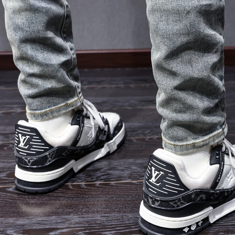 Street Fashion Men Jeans Retro Washed Blue Stretch Skinny Fit Patched Ripped Jeans Men Y2K Brand Designer Hip Hop Denim Pants