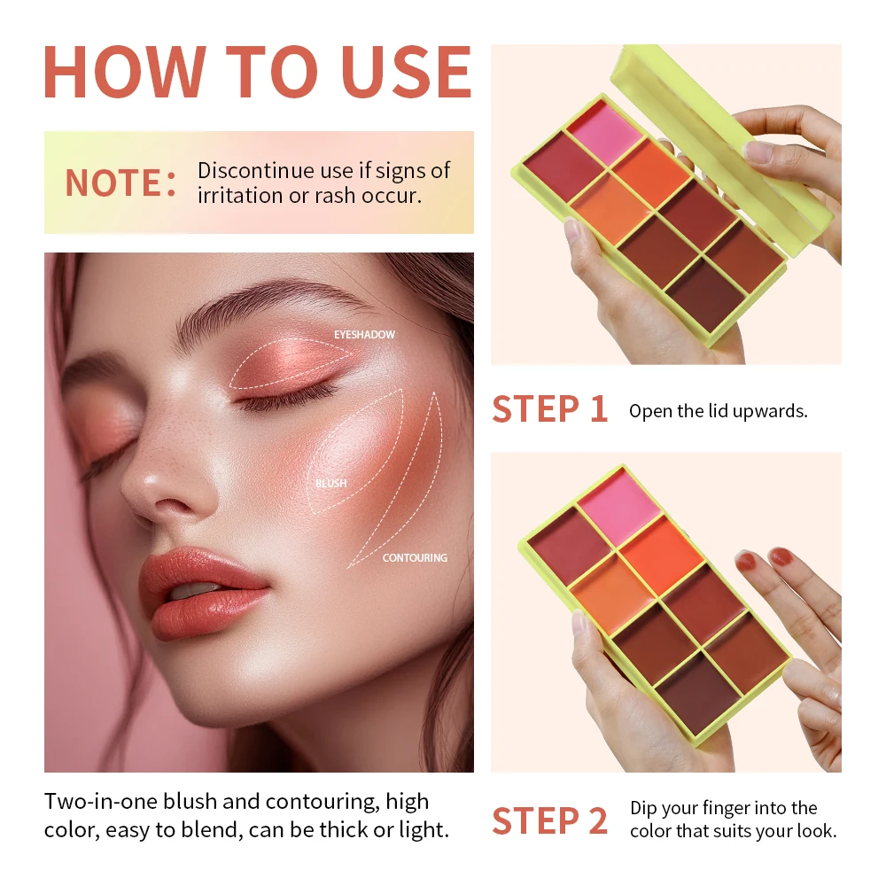 Lakerain 8-Color أحمر الخدود كريم لوحة مقاوم للماء طويلة الأمد المخفي اللون الطبيعي تمييز لوحة الوجه أحمر الخدود مستحضرات التجميل