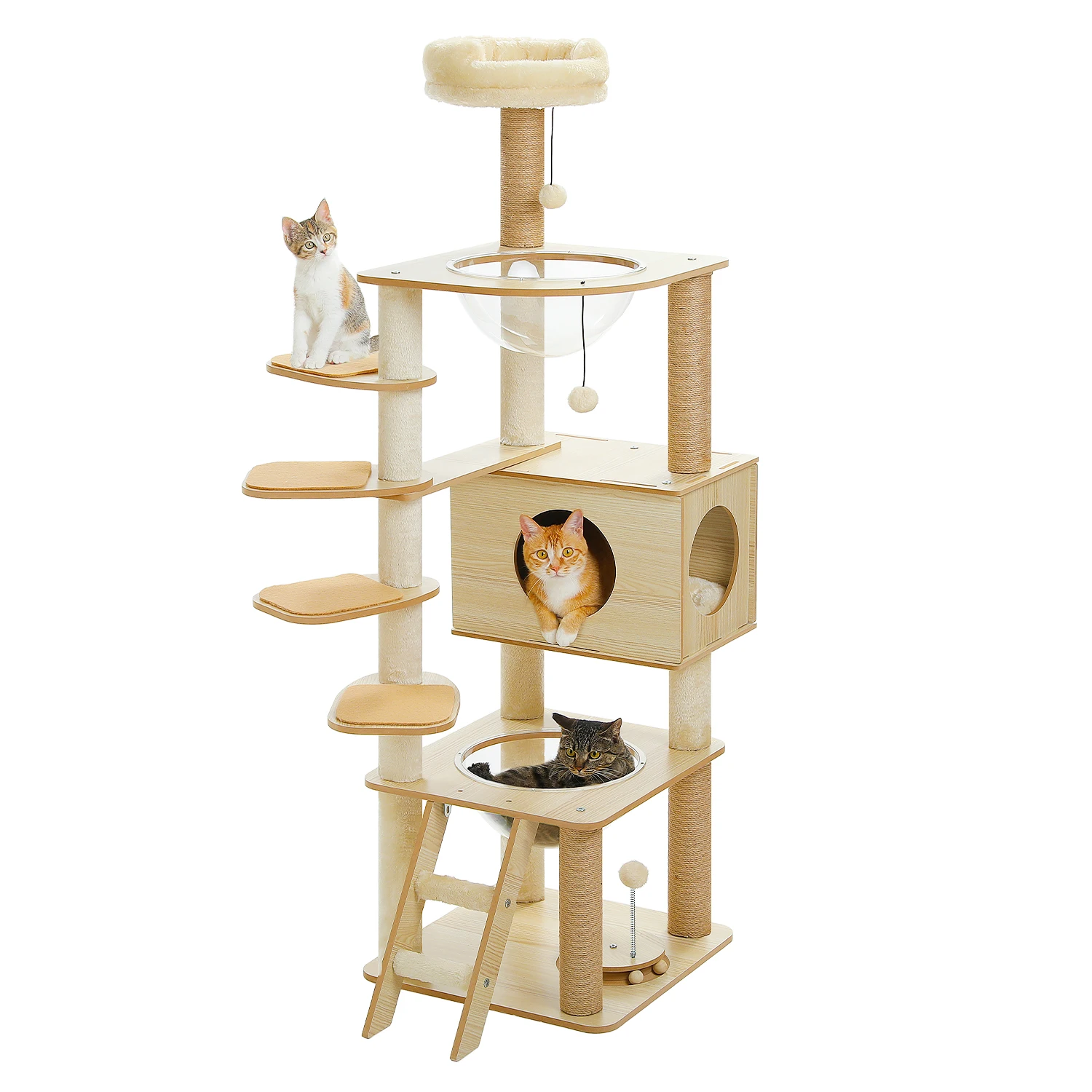 Multi Level Wooden Cat Tree Tower with Scratching Posts