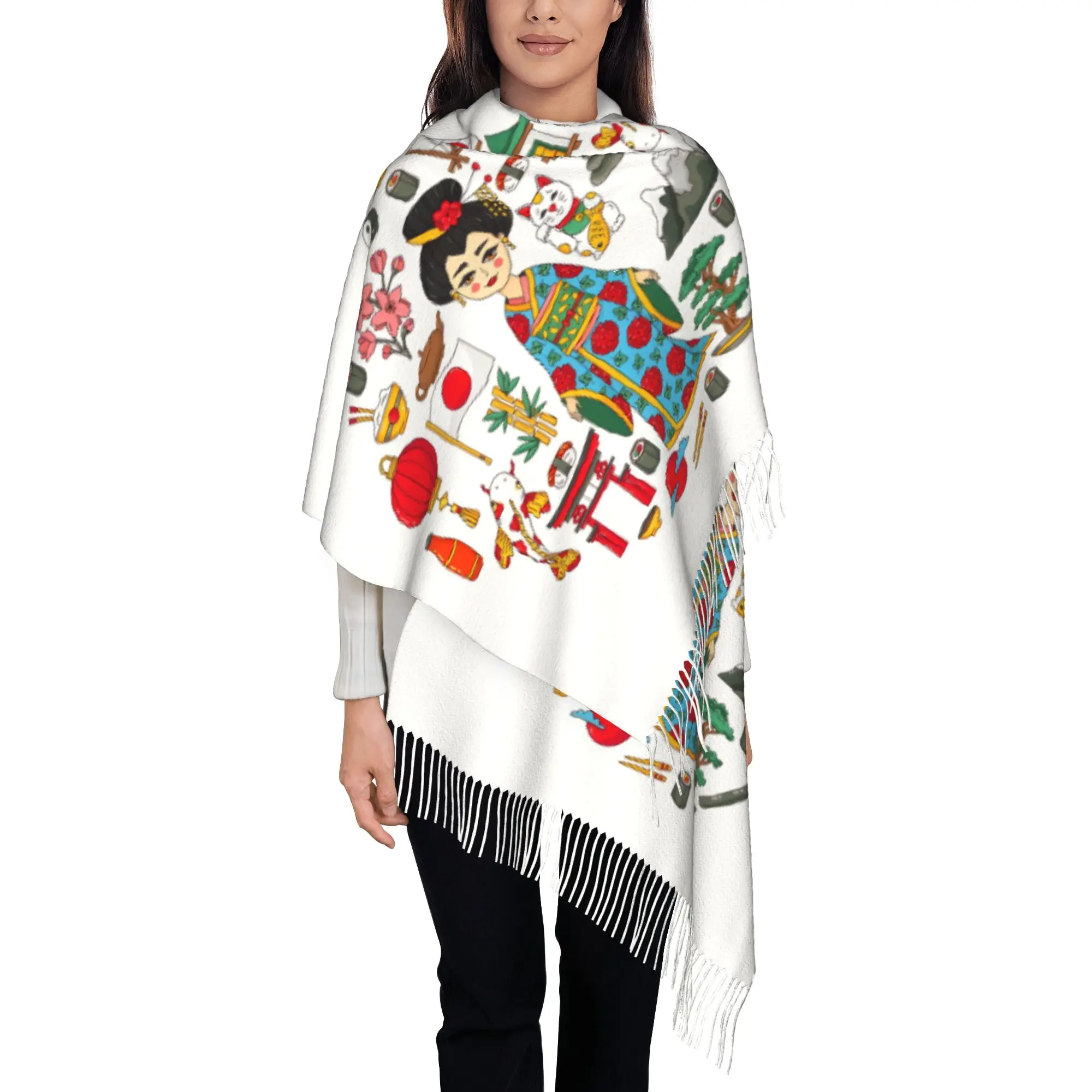Custom Lady Large  Japanese Geisha Kimono Koi Oriental  Scarves Women Winter Thick Warm Tassel Shawl Wrap  Scarf