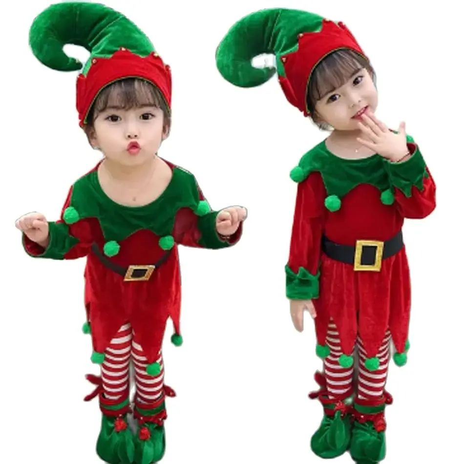 New Year Kids Elf Santa Claus Costume Green Cosplay Christmas Carnival Party Fancy Dress for Girls Boys Red Xmas Clothes Set