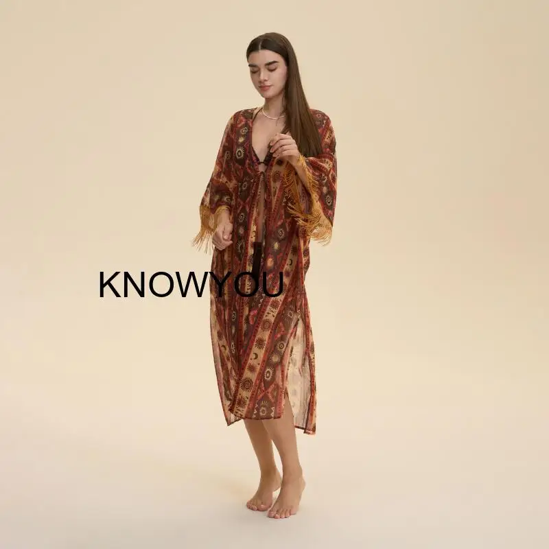 Sexy Chiffon Women's Beach Cover-Up Sexy Robe Long Tassel Shawl Capes Sun Protection Cardigan Lady Print Bikini Swim Wear