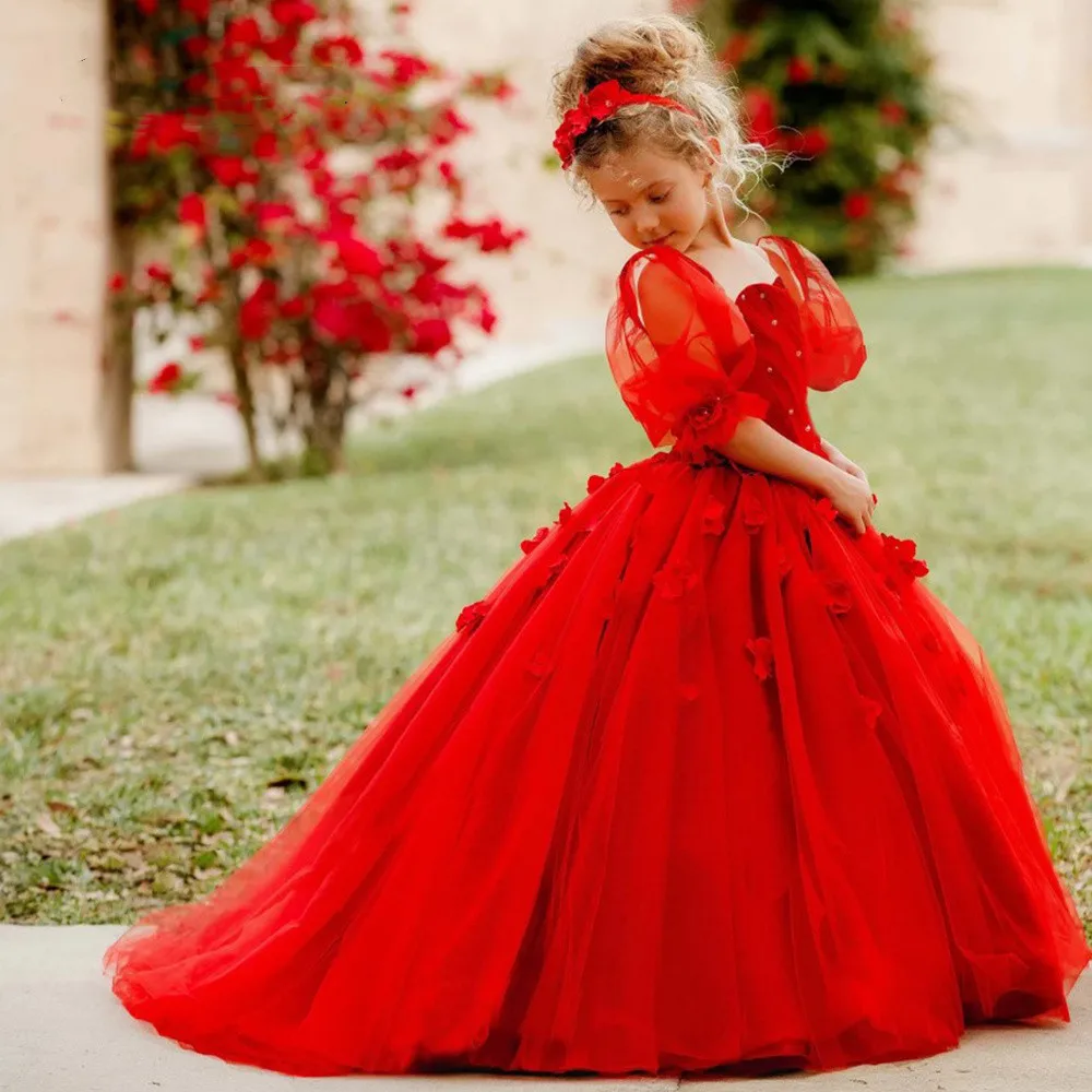 Red Flower Girl Dresses Kids Puff Sleeves Open Back Kids Princess Birthday Dress Long 3D Appliques Pageant Gown for Toddlers