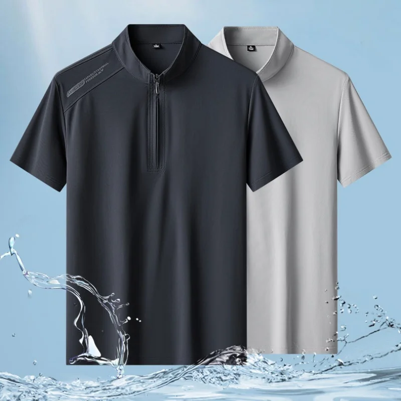 

New 2025 Men's Quick Dry Short Sleeve T-Shirt Ice Silk Fitness Wear Stand Collar Zipper Top Casual Summer Fashion Urban Style