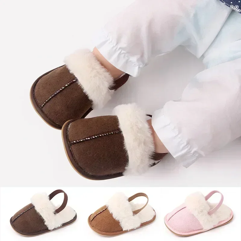 Winter Baby Slippers Fluffy Boys Girls Sandals Cute Flower Embroidery Soft Non-slip Sole Toddler First Toddler Baby Shoes