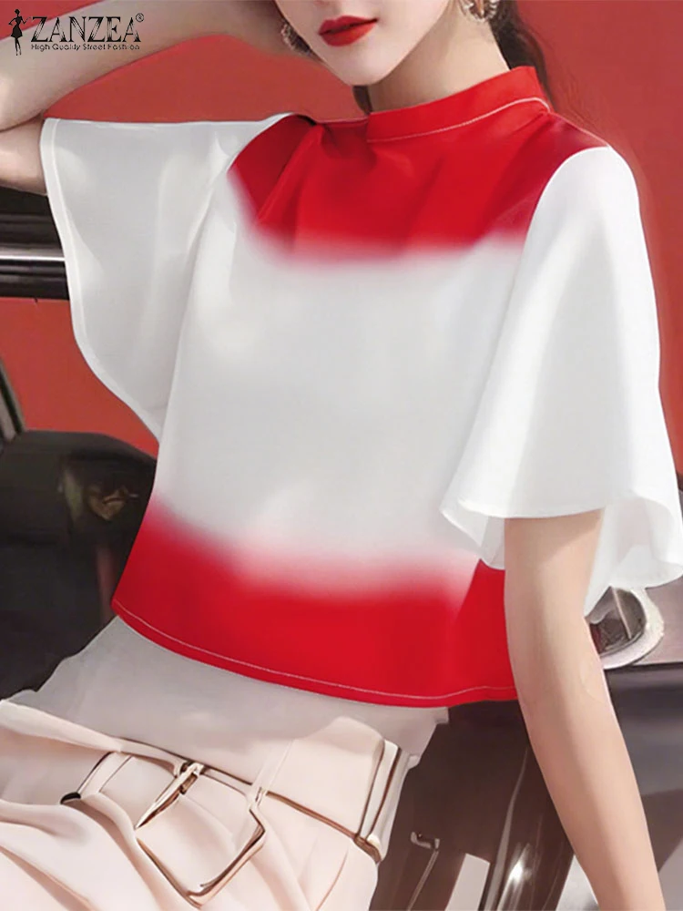 ZANZEA Casual Lose Bluse Frauen Farbe Patchwork Tunika O Neck Tops 2025, Sommer Mode Einfarbig Kurzarm Blusas Übergroßen