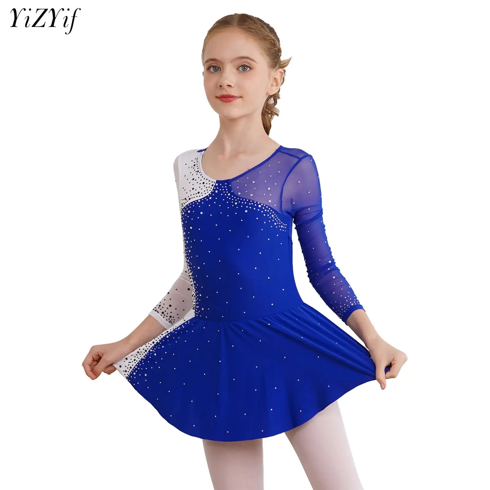 

Kids Girls Gymnastics Leotard Figure Skating Ballet Lyrical Dance Dress Shiny Rhinestone Ballerina Costume Competition Dancewear