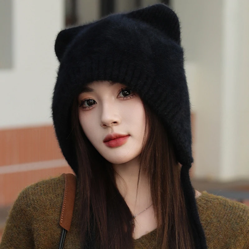 Hat Earflap Winter Women Angora Knit Beanie Ears Design Fleece Layer Warm Soft Accessory For Autumn Outdoor Sports Cold Weather