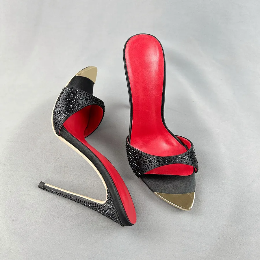 Tikicup Sexy Crystal Black Shiny Women 12cm Pointed Toe Thin High Heels Slippers Summer Sandals Stilettos ladies Party Shoes