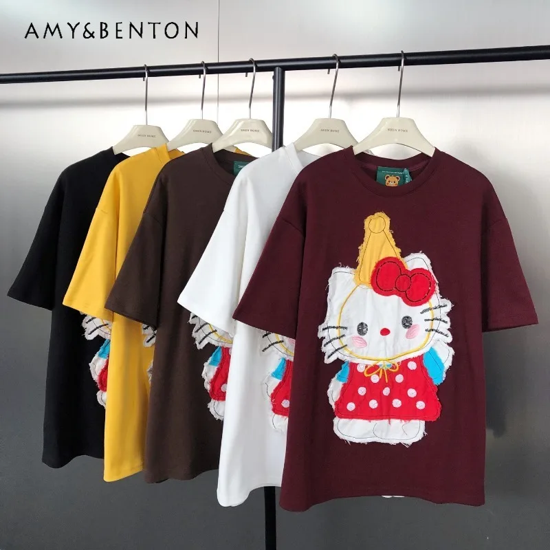 

New Korean Style Y2k Tees Age-Reducing Cartoon Embroidered Patch Multi-Color Mid-Length Oversized Short Sleeves T-shirt Pullover