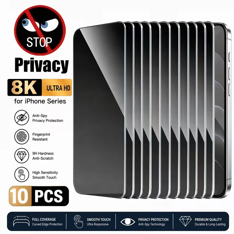 10-Pack Anti-Spy Tempered Glass Screen Protector for iPhone 18 Pro Max/18 Pro/17 Pro Max/16 Pro Max/15 Pro/14/13/12/11 Series, 9H+ Hardness, Scratch & Fingerprints Resistant, Easy to Install, Privacy Protection