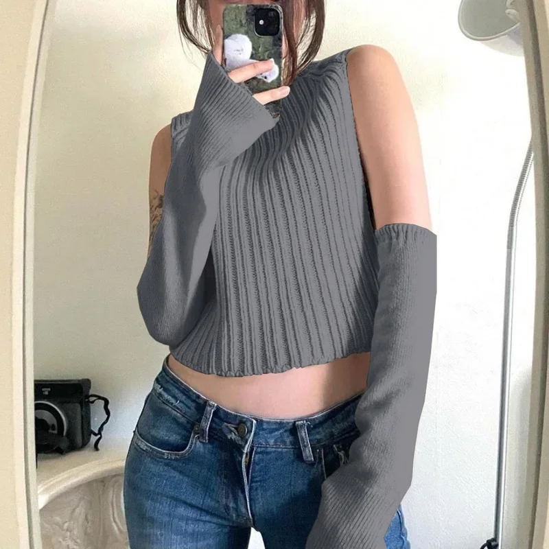 Y2k Knitted Turtleneck Vest Sleeve Sweater Long-sleeved Solid Color Independent Retro Cropped Top Autumn/Winter Women's Clothing