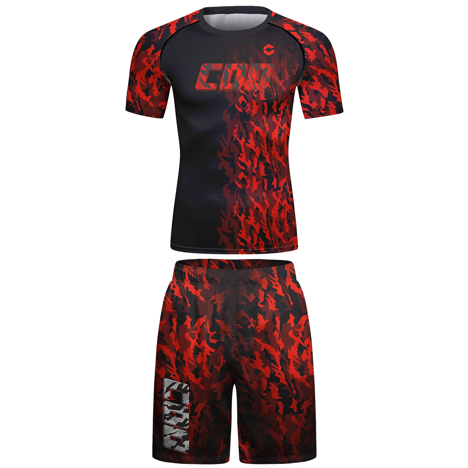 4 PCS Men\'s Running Set Gym Jogging Underwear Red Compression Fitness MMA Rashgard Male Quick-dry Red Camo Tights Track Suit