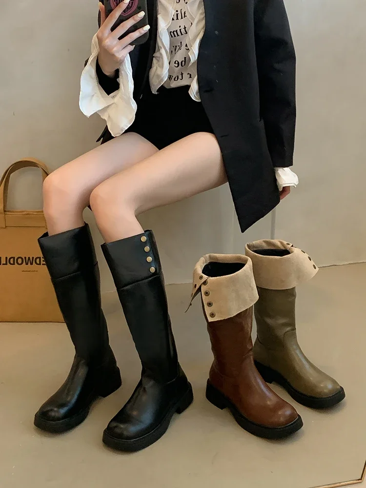 

Thick Soled Long Boots Women's Shoes 2023 New Autumn and Winter Retro Lapel Splicing Knee Boots