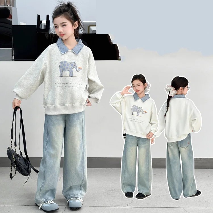 

Kid Girl Set Autumn Cartoon Pritned Turn Down Collar Sweatshirt+Straight-leg Denim Pant School Girl 2pcs Outfit 4-14Y Girl Suits