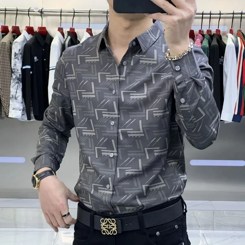 Spring Autumn Fashion Printing Turn-down Collar Long Sleeve Blouse Men\'s Clothing Casual All-match Button Trend Simplicity Shirt