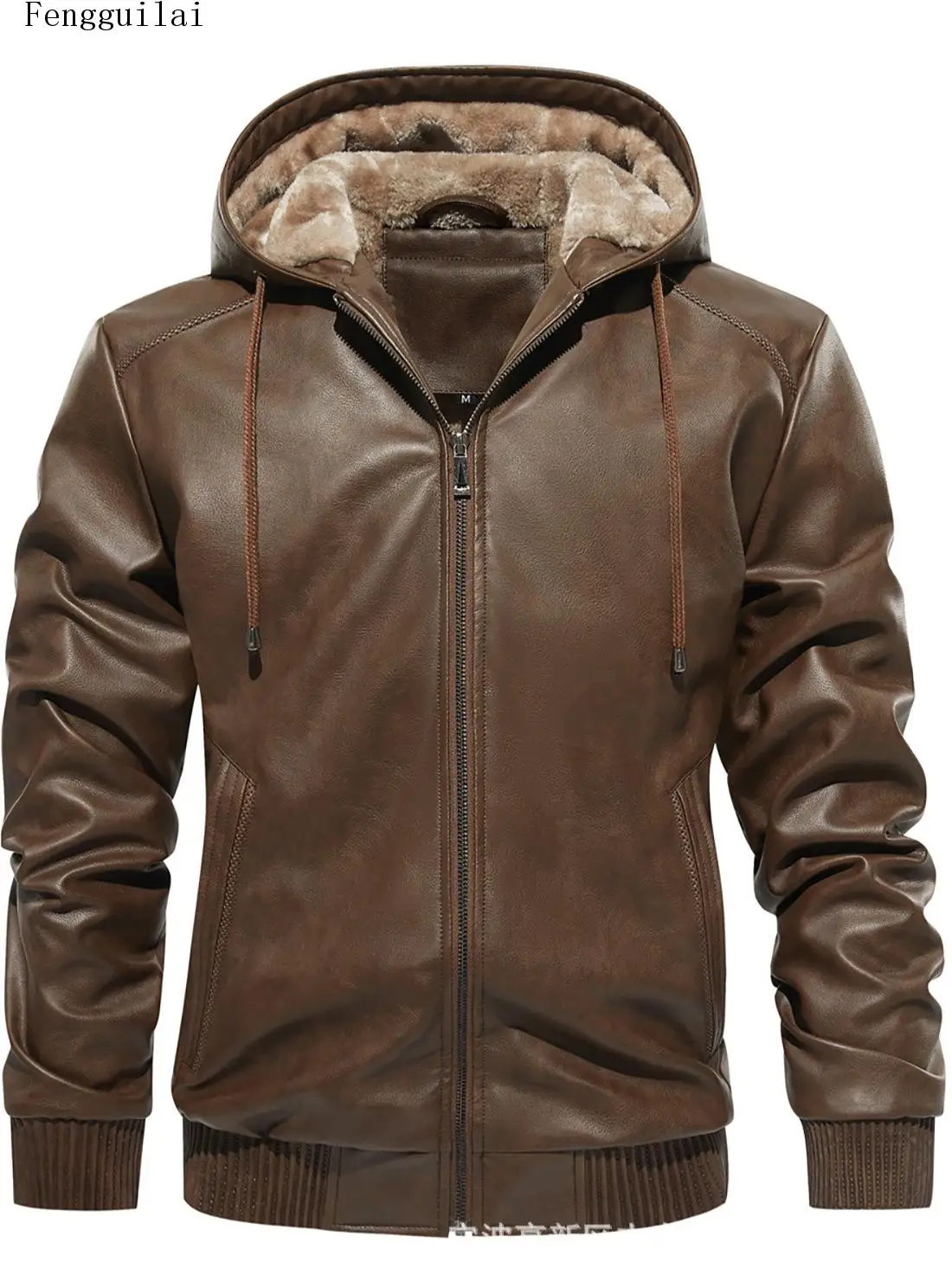 Men Fleece Lined Hooded Faux Leather Jacket Winter Warm Full Zip PU Leather Coat Casual Thick Hooded Outerwear