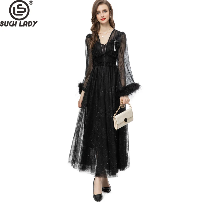 

Women's Runway Dresses V Neck Long Sleeves Beaded Embroidery Lace Furs Detailing Elegant Party Prom Vestidos