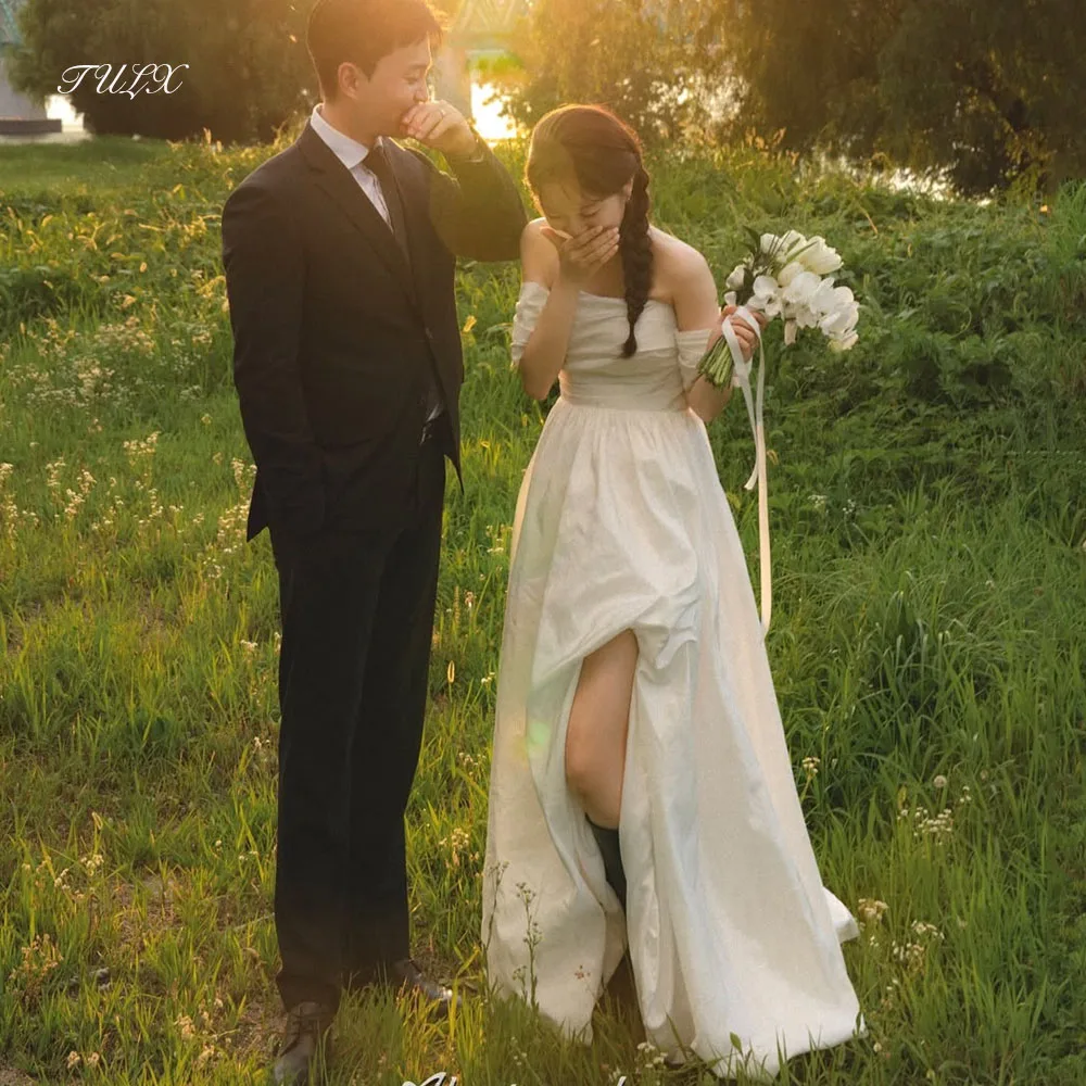 

TULX Simple Ivory Off Shoulder Wedding Dress Korea Photo Shoot Strapless Bridal Gowns Floor Length Corset Customized 웨딩드레스