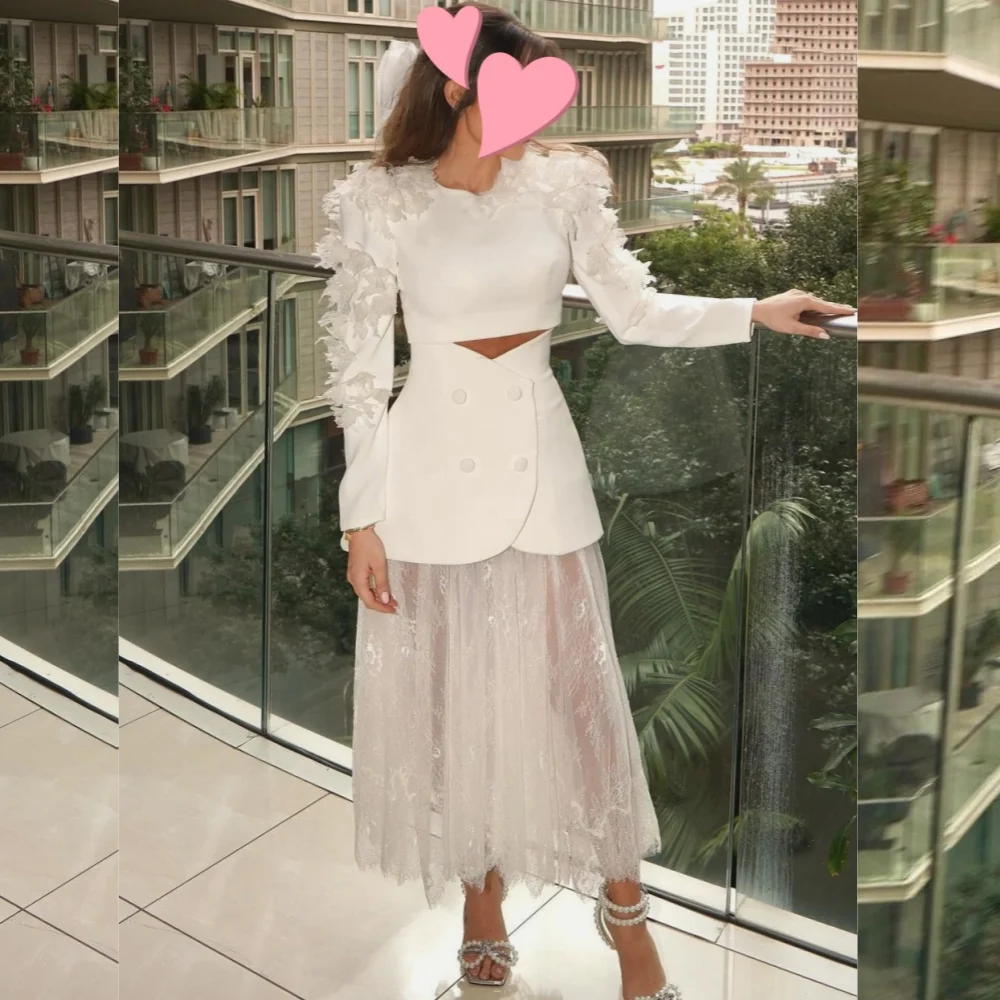 Gaun Prom malam Tulle kancing Applique A-line leher O gaun acara Bespoke Midi es Arab Saudi