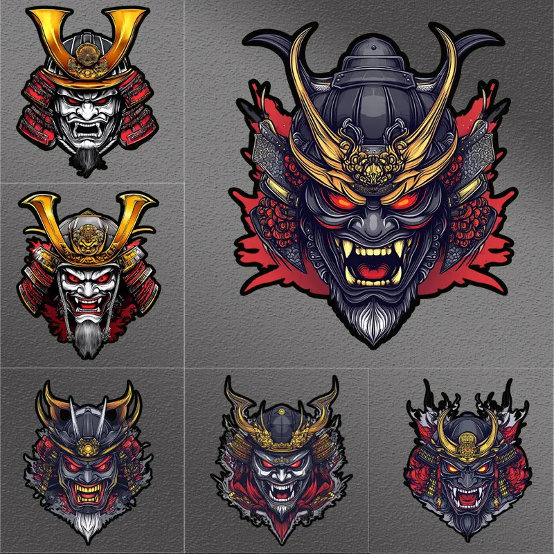 Creative Samurai Ghost Mask Car Sticker Trendy Oni Warrior Decal for Motorcycle & E-Bike Body Decor