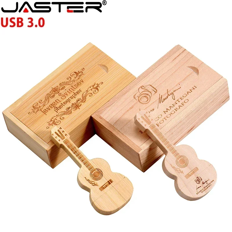 JASTER Gitar USB 3.0 Flash Drive Kotak Kayu Stik Memori Kreatif Hadiah Pernikahan Pendrive Gratis Logo Kustom 16GB 32GB 64GB 128GB