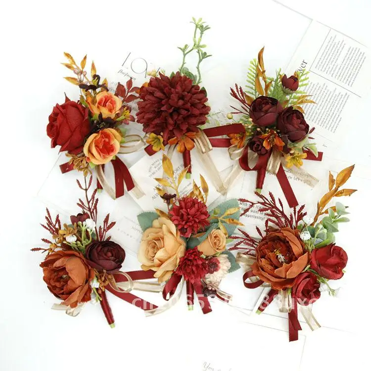 

Caramel wine red Simulation Flower Business Celebration Opening Guest Corsage Hand Flower Wedding Supplies