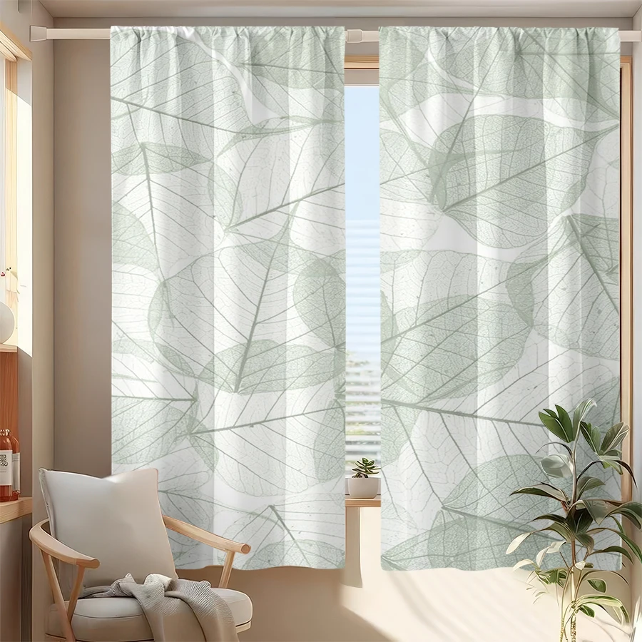 2 Stück mehrfarbige Vorhänge mit durchscheinendem grünem Skelett-Blattmuster, Stangentaschen-Design für Schlafzimmer und Wohnzimmer