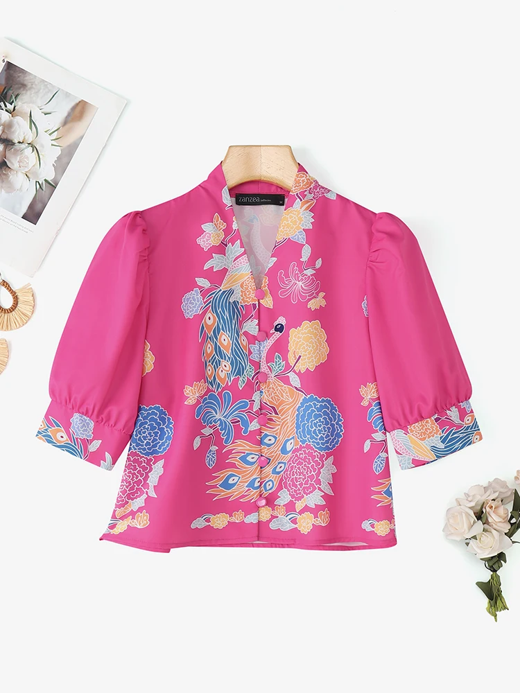 ZANZEA Camicette da donna eleganti e chic con stampa pavone Camicette con scollo a V Mezza manica a sbuffo Camicie con bottoni Abbigliamento donna bohemien Pendolarismo S-3XL